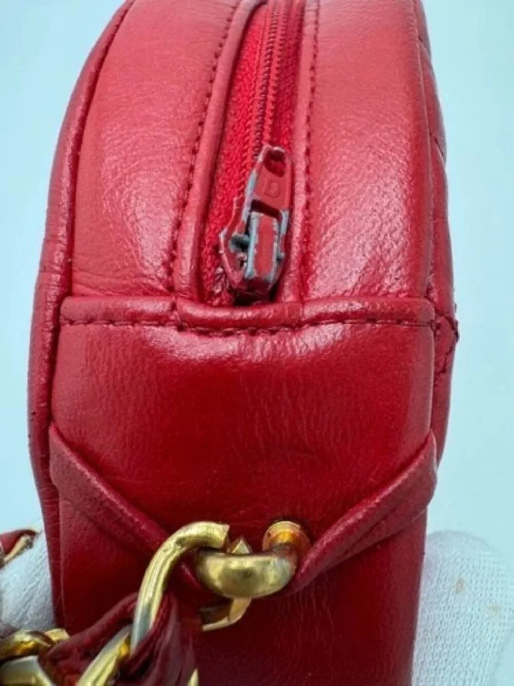 CHANEL Chain Shoulder Bag Lamb Skin Red Gold CC Auth 127505